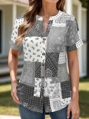 Gray bandana patchwork henley blouse with button front and short sleeves.