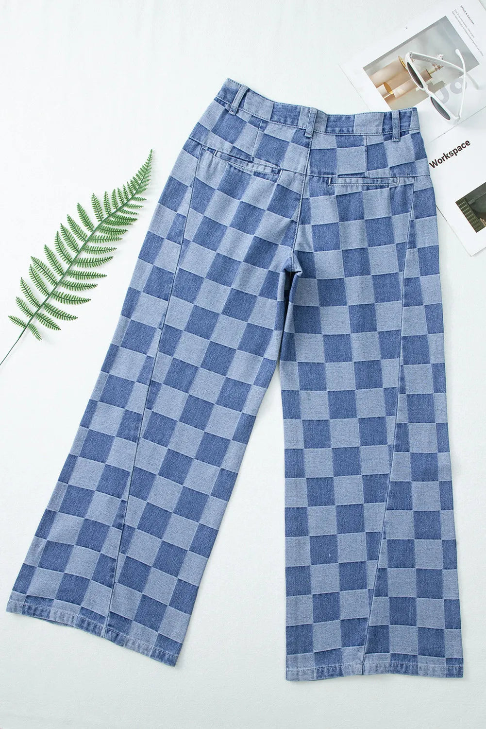 Checkerboard denim wide leg trousers in Dusty Blue with a split hem detail.
