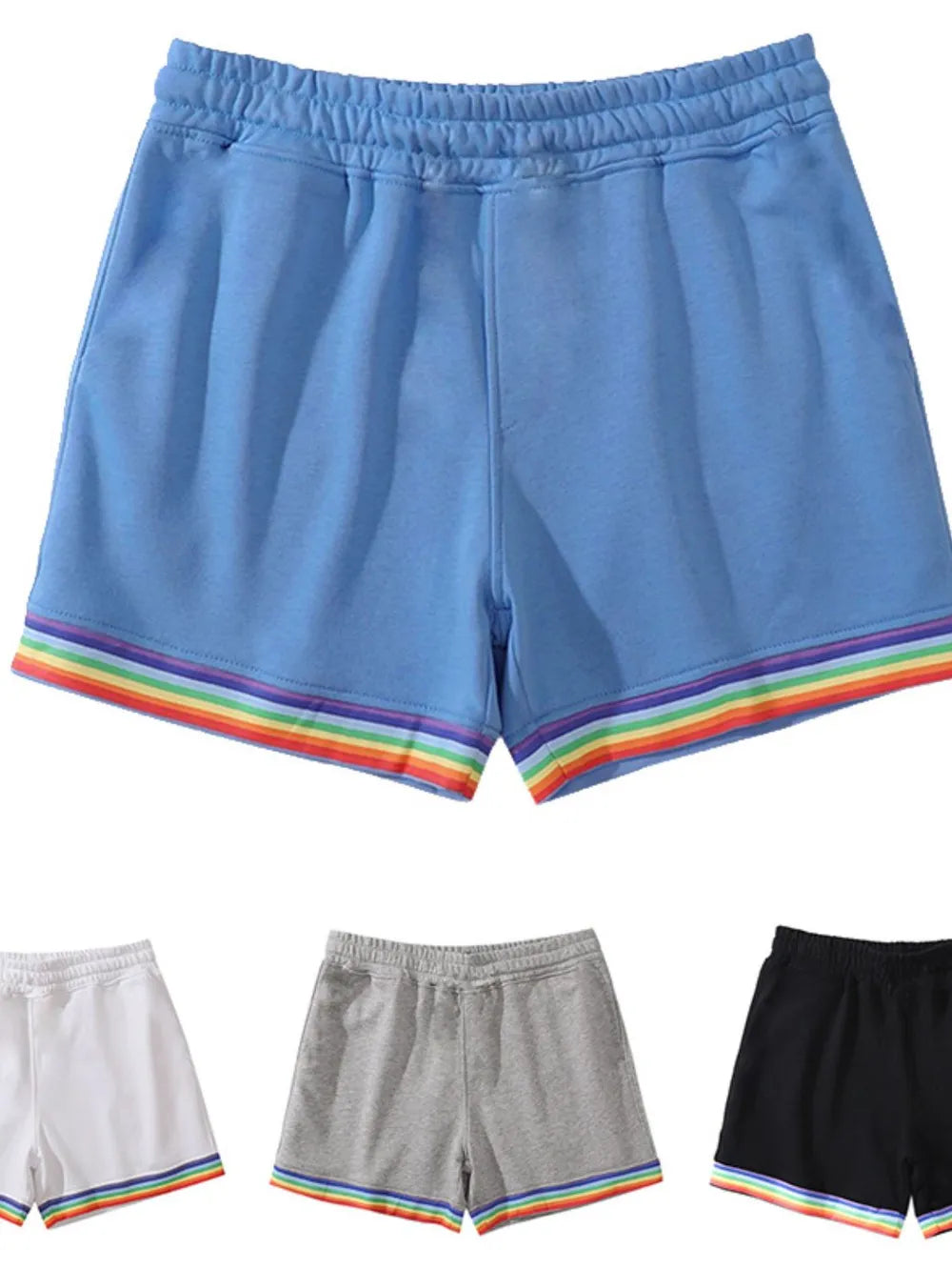 Blue lounge shorts with rainbow trim and elastic waistband