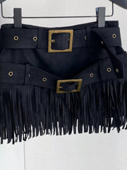 Black belted mini skirt with antique brass buckles and fringe trim