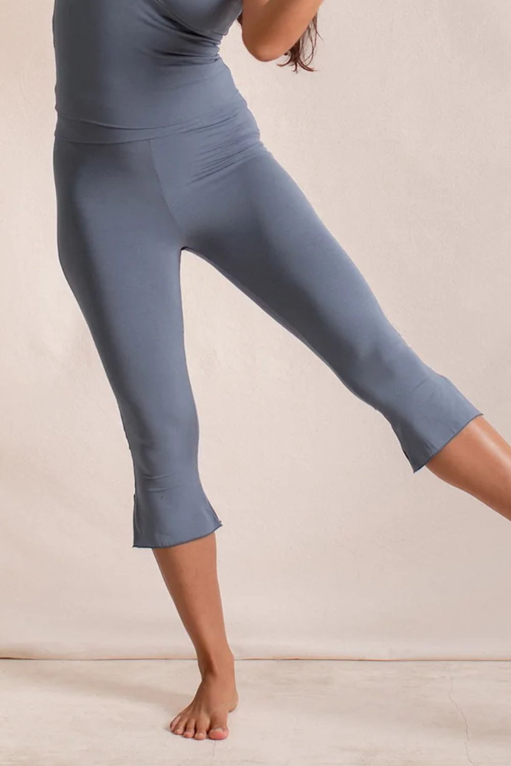 Dusty blue flared hem crop leggings with a high waist.