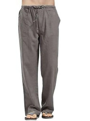 Relaxed fit gray linen drawstring trousers with pockets and a straight leg.