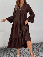 Brown tiered ruffle hem V-neck dress with button front and bell sleeves.