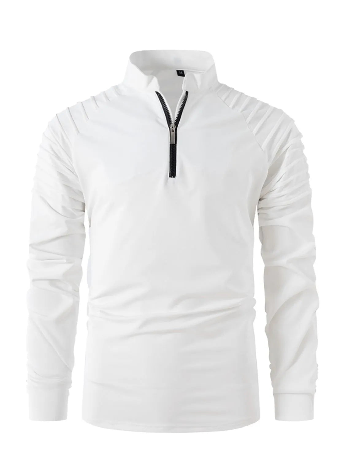 White zip-neck pullover sweater with pleated shoulder detail