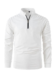 White zip-neck pullover sweater with pleated shoulder detail