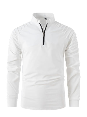 White zip-neck pullover sweater with pleated shoulder detail