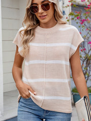 Tan striped knit tee with vertical seam detail and short sleeves.