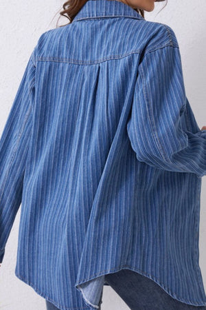 Vertical stripe denim overshirt in medium blue with a collar and button-front style.