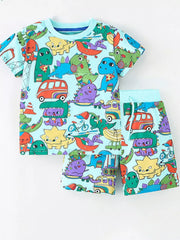 Light blue cotton toddler boys' dinosaur print t-shirt and shorts set.