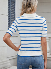 Nautical stripe polo knit top in sky blue and white, short sleeves, collared neckline.