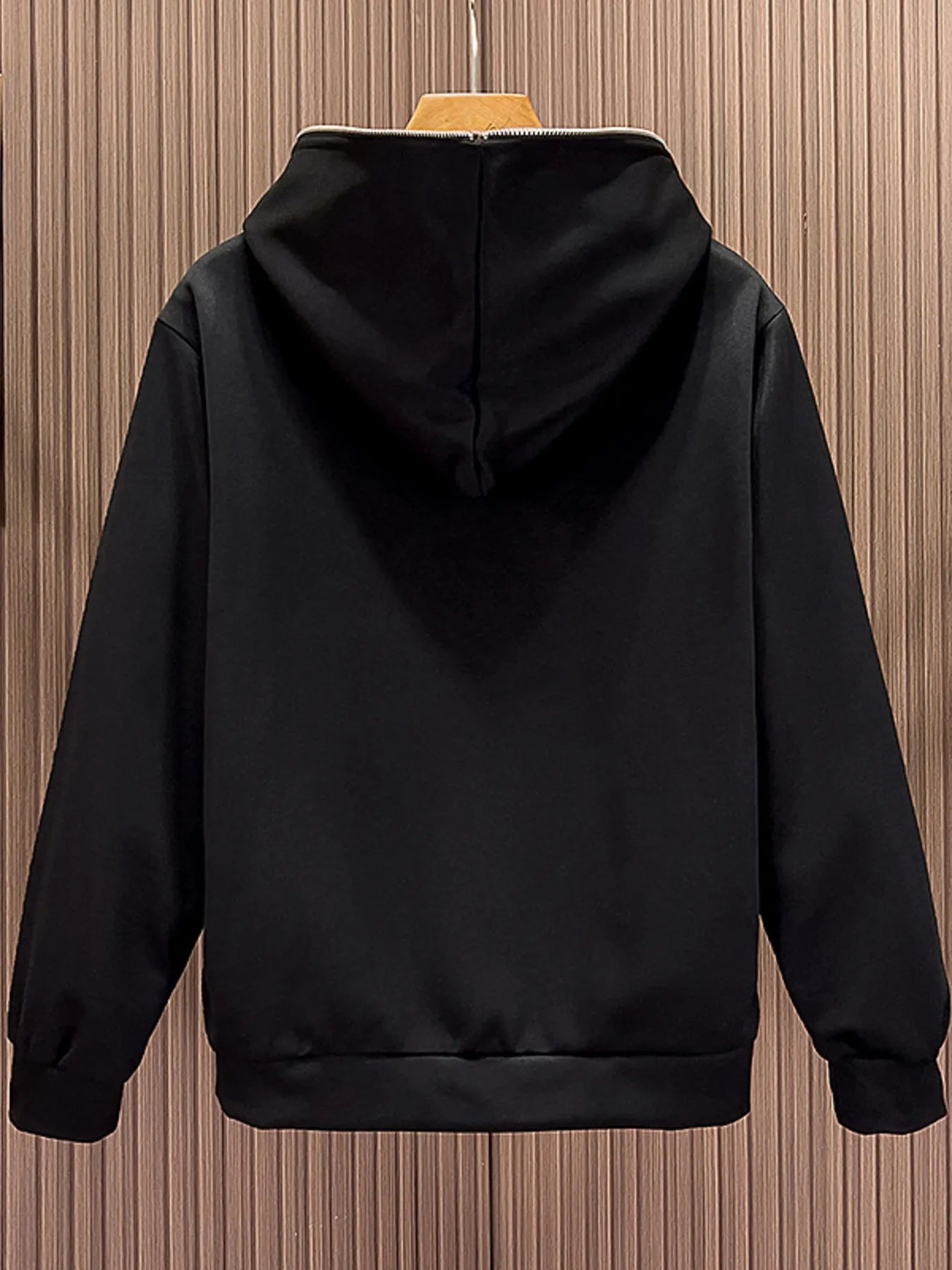 Men's black zippered long-sleeve hoodie with a full zip and hood.