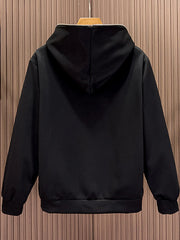 Men's black zippered long-sleeve hoodie with a full zip and hood.