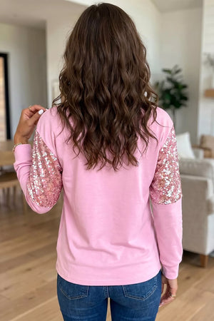 Long Sleeve Sequin Round Neck Pullover Shirt, back view