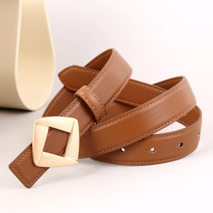 Brown leather belt with a sleek geometric gold buckle