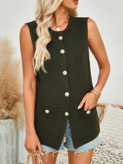 Buttoned knit vest in Black Forest with round neckline, button front, and patch pockets.