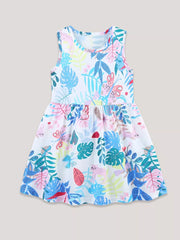 Baby girls white cotton A-line dress with colorful tropical leaf and animal print