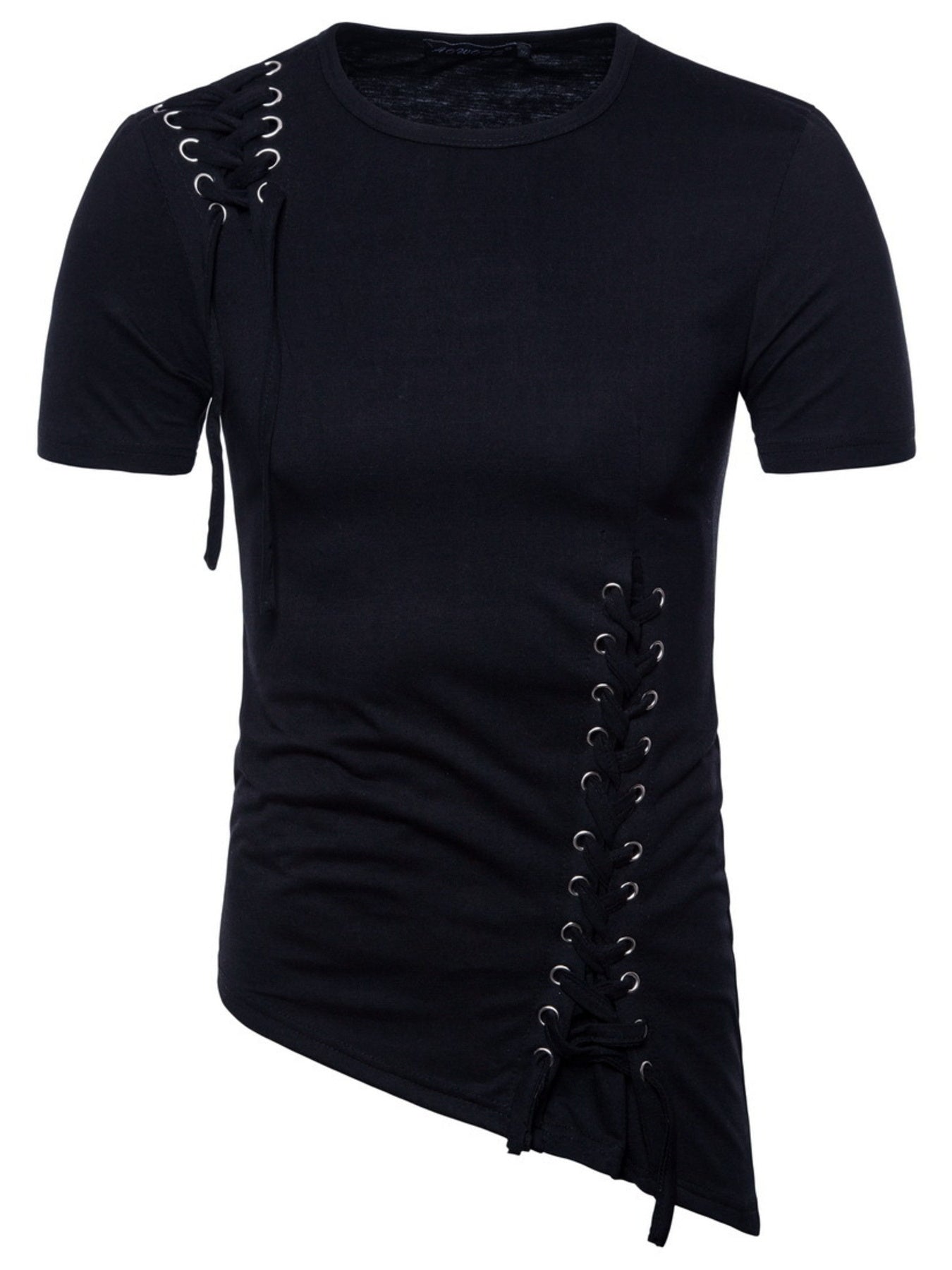 Black cotton t-shirt with asymmetric hem and lace-up details on shoulder and side.