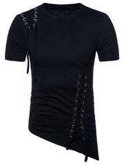 Black cotton t-shirt with asymmetric hem and lace-up details on shoulder and side.