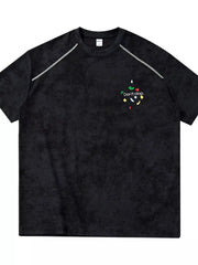 Men's Printed Round Neck T-shirt in Black, close-up detail