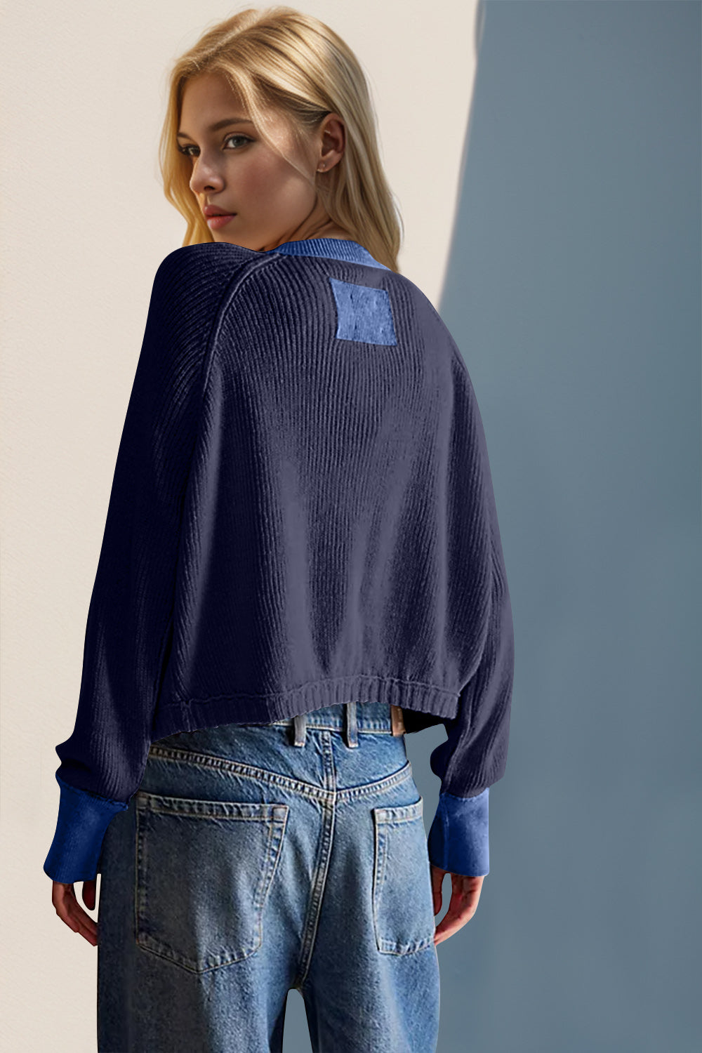 Indigo raglan sleeve cardigan with contrast trim and patch detail on back