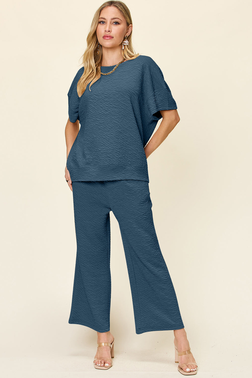 Textured cocoon top and wide leg pants set in blue, casual outfit