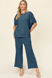 Textured cocoon top and wide leg pants set in blue, casual outfit