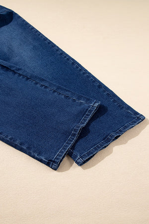 Mid-rise straight leg jeans in dark wash denim with visible stitching detail.
