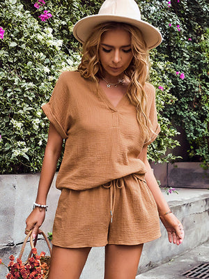 Textured cotton drawstring shorts in Ochre, with cuffed short sleeves and V-neck top.
