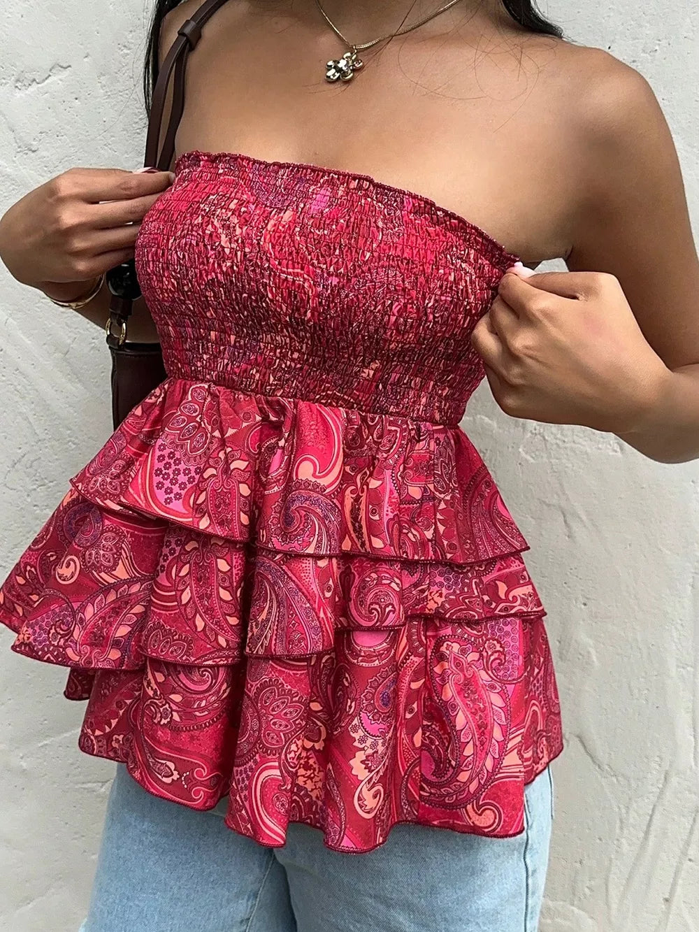 Smocked Layered Paisley Print Tube Top, close-up detail
