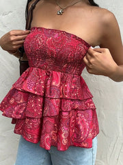 Smocked Layered Paisley Print Tube Top, close-up detail