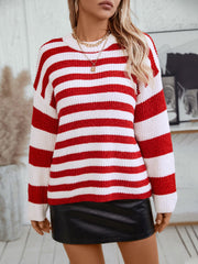 Bold stripe crewneck sweater in red and white knit with a casual fit.