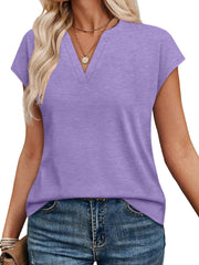 Purple heathered short-sleeve t-shirt with notched V-neck, styled with jeans.