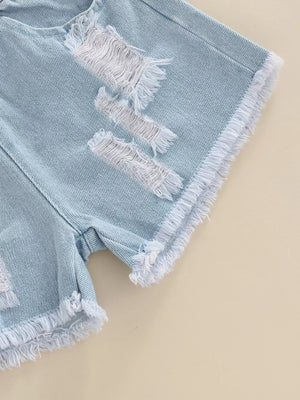 Light wash denim shorts with distressed rips and frayed hem detail.