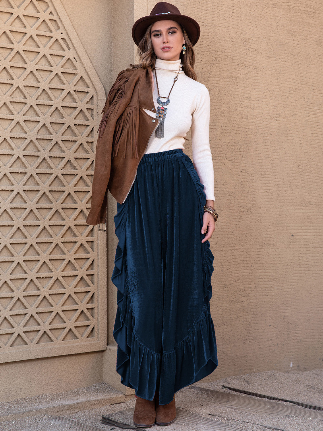 Dark blue velvet ruffle slit palazzo pants with a wide leg