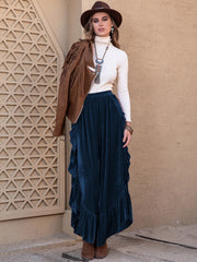 Dark blue velvet ruffle slit palazzo pants with a wide leg