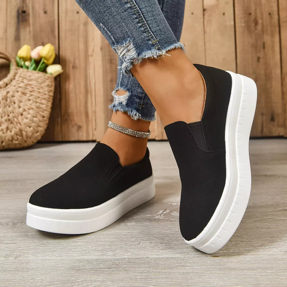 Round Toe Platform Slip-ons in Black, fabric detail