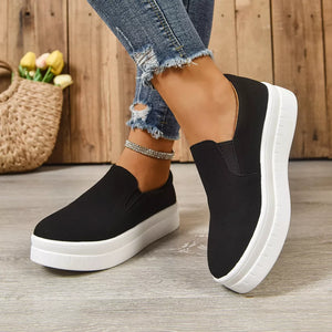 Round Toe Platform Slip-ons in Black, fabric detail