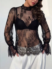 Lace Flounce Sleeve Top in Black, front view