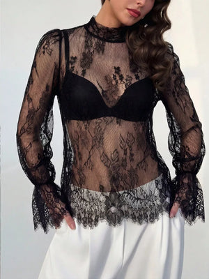 Lace Flounce Sleeve Top in Black, front view