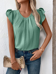 Pleated yoke flutter sleeve top in Gum Leaf green with a round neckline.