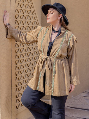 Camel suede wrap jacket with embroidered trim and belt