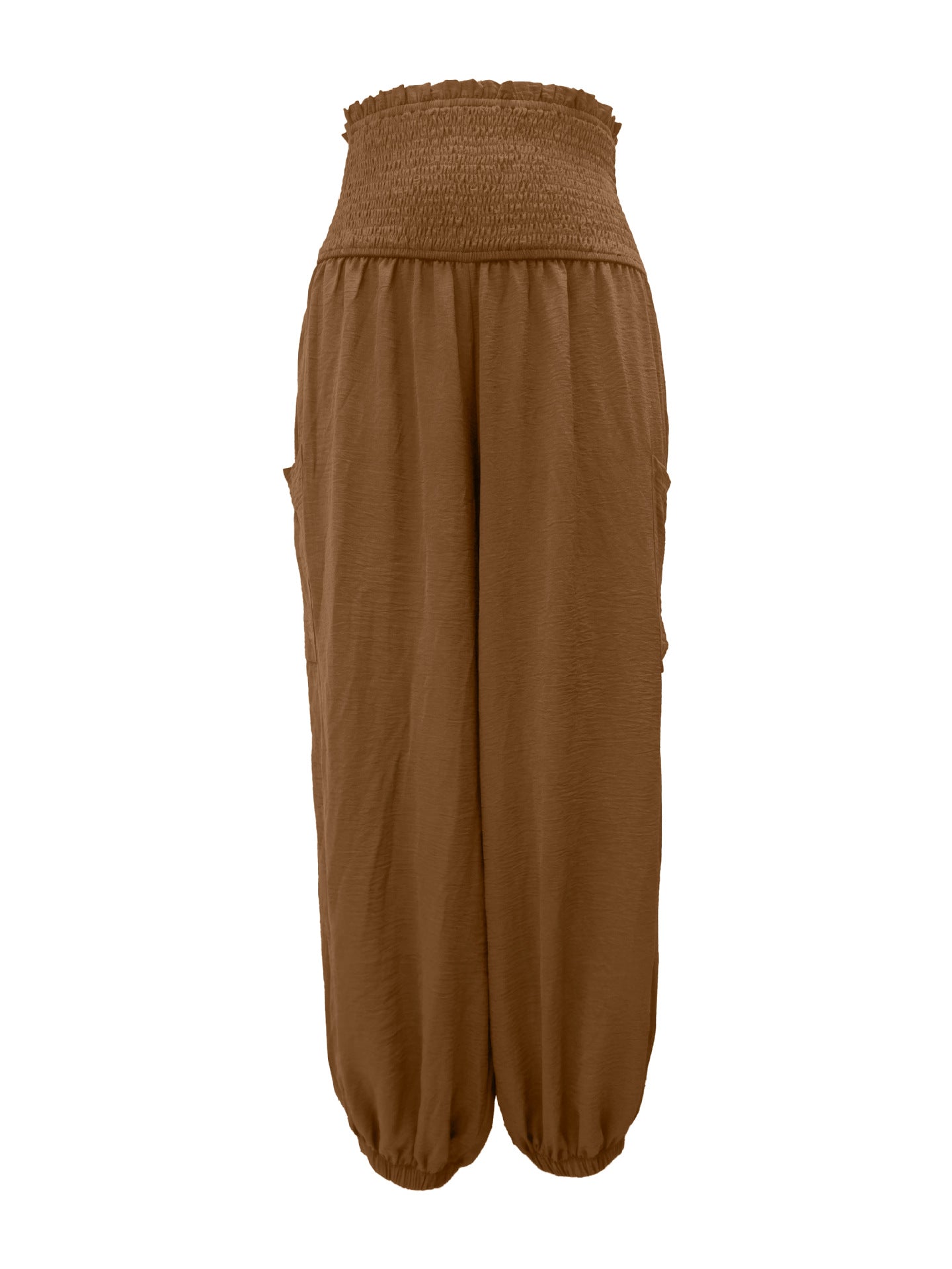 Coffee smocked waist harem pants with pockets and ankle cuffs