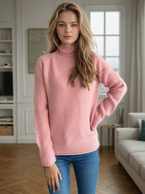 Dusty Pink ribbed turtleneck sweater with raglan sleeves and a casual fit.