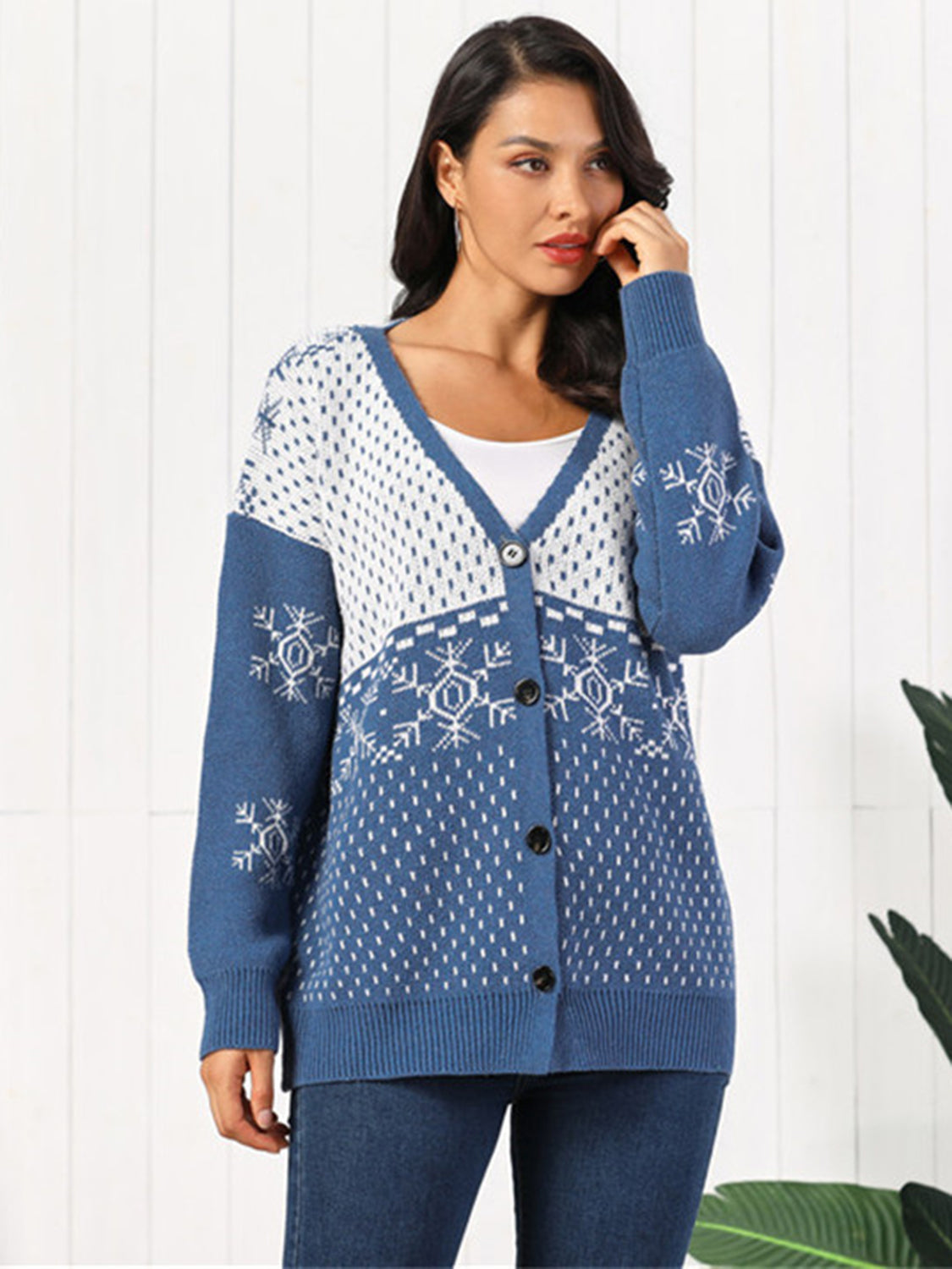 Dusty Blue Snowflake Jacquard Button-Down Cardigan with V-neck and acrylic knit.