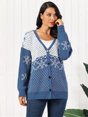 Dusty Blue Snowflake Jacquard Button-Down Cardigan with V-neck and acrylic knit.