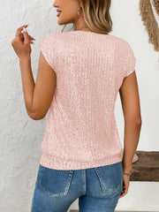 Blush pink sequined cap-sleeve V-neck blouse with cinched waist