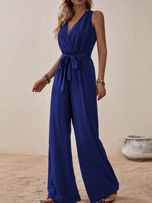 Indigo textured wrap-front sleeveless wide-leg jumpsuit with tie waist