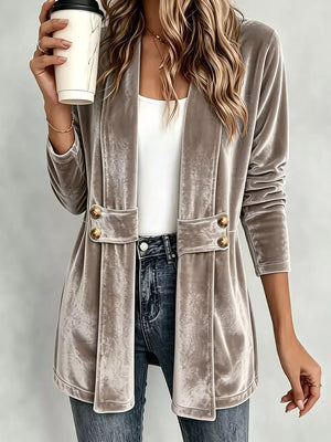Elegant Velvet Open-front Cardigan in White, fabric detail