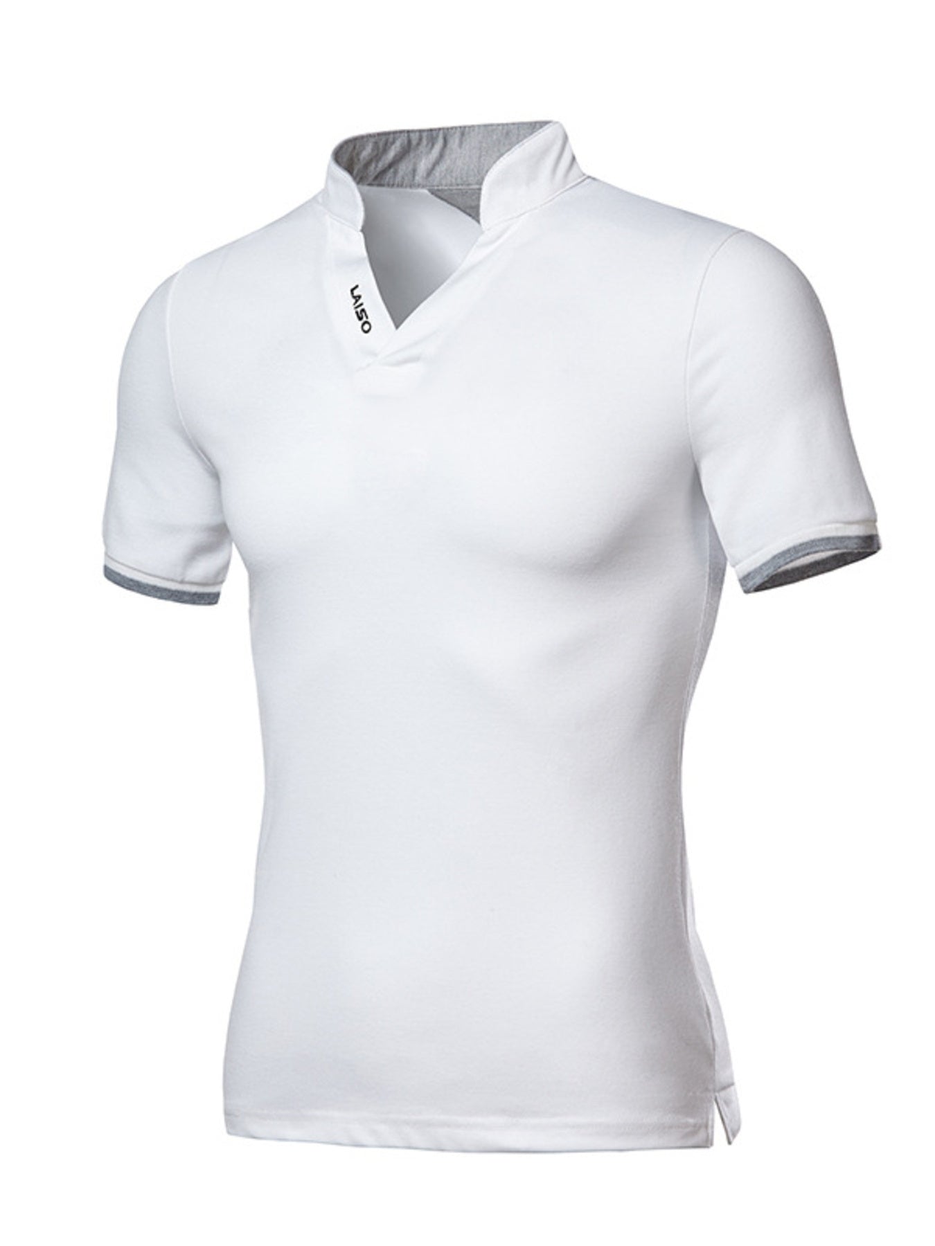 White cotton men's undershirt with notched V-neck and grey trim on collar and sleeves.