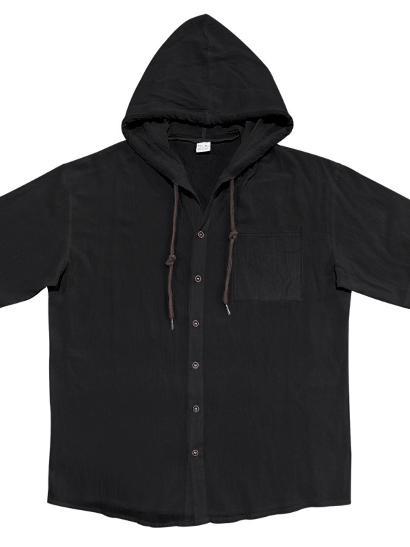 Men's black hooded button-down shirt with short sleeves and a chest pocket.